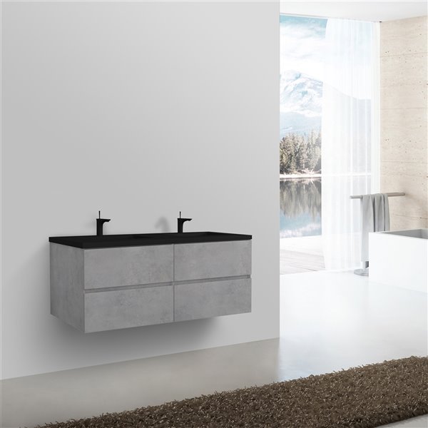 GEF Sadie 60-in Grey Double Sink Bathroom Vanity with Black Engineered Quartz Top