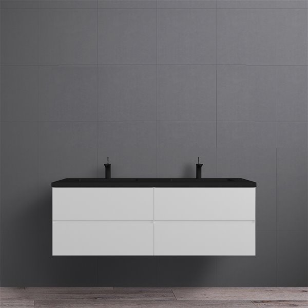 Meuble-lavabo double blanc de 60 po Sadie par GEF avec comptoir en composite de quartz noir