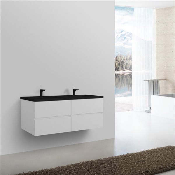 Meuble-lavabo double blanc de 60 po Sadie par GEF avec comptoir en composite de quartz noir