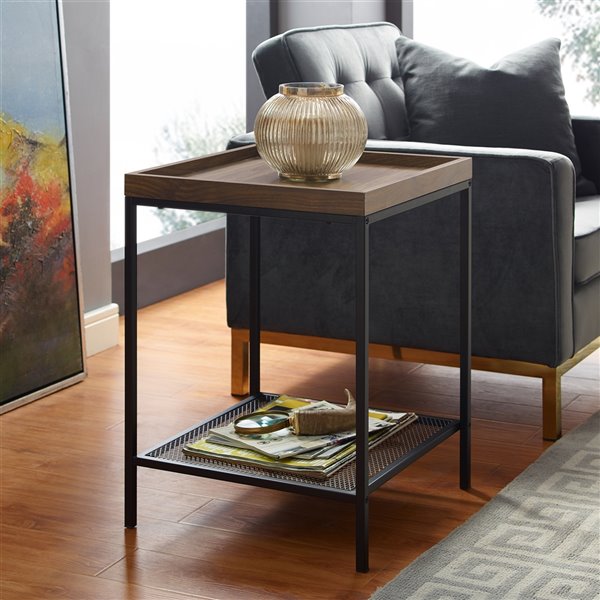 Walker Edison Industrial End Table - 18-in x 24-in - Black/Dark Walnut