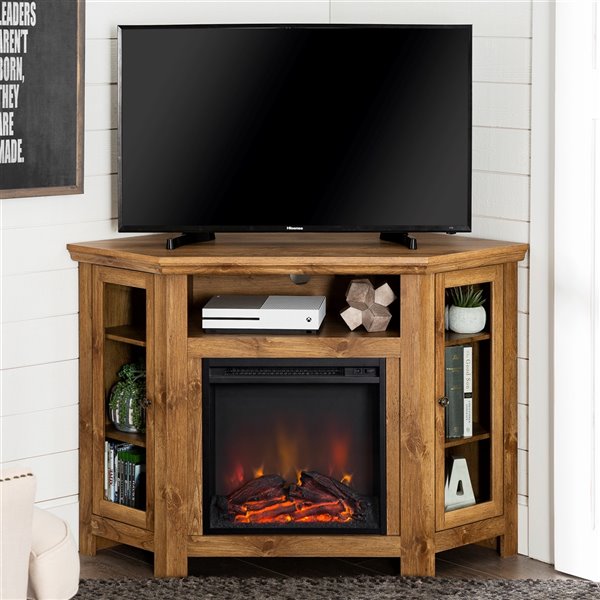 Rustic corner fireplace store tv stand