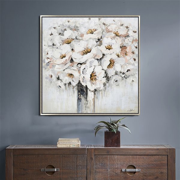 Oakland Living Wall Art - White Bouquet - Silver Wooden Frame - 39-in x 39-in