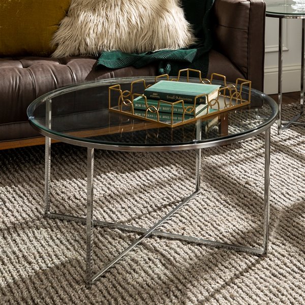 Walker Edison Mid Century Modern Coffee Table with X-Base - 36-in - Glass/Chrome