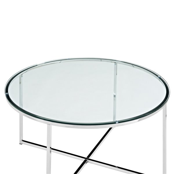 Walker Edison Mid Century Modern Coffee Table with X-Base - 36-in - Glass/Chrome