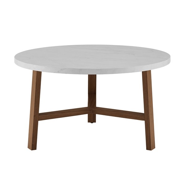 Walker Edison Mid Century Modern Round Coffee Table - White Marble/Acorn