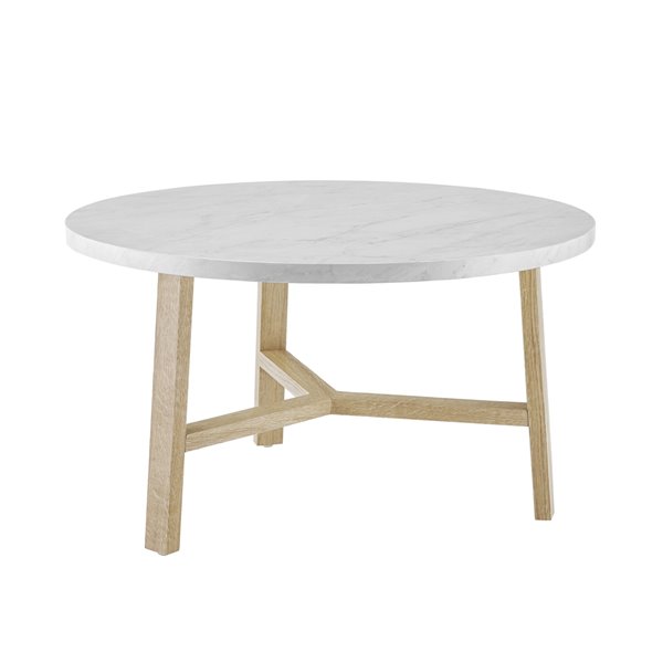 Walker Edison Mid Century Modern Round, Round Coffee Table White Top Wood Legs