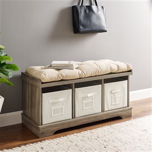 Transitional Modern Farmhouse Wood Entryway Storage Bench with Cushion and Totes