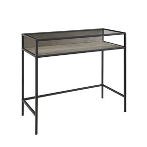 35-in Urban Industrial Metal and Wood Desk with Glass and a Shelf - Grey Wash
