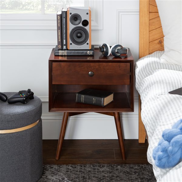 Mid-Century 1 Drawer Solid Wood Nightstand - Walnut