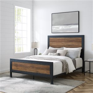Queen Size Industrial Wood and Metal Bed - Rustic Oak