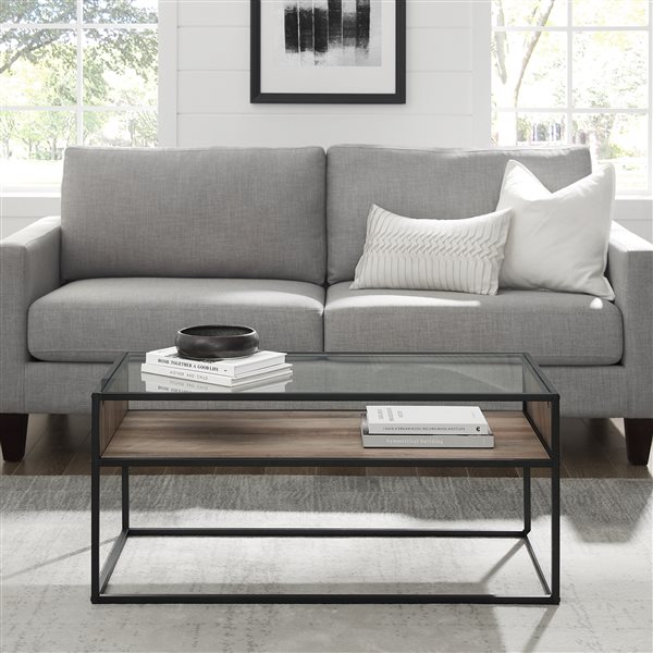 Walker Edison Rustic Industrial Metal and Glass Coffee Table - 40-in - Grey Wash