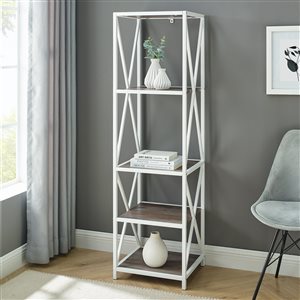 61-in Metal Wood Bookcase - Grey Wash,  White Metal