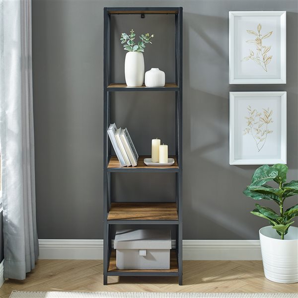 Metal X Tower with Wood Shelves -Rustic Oak