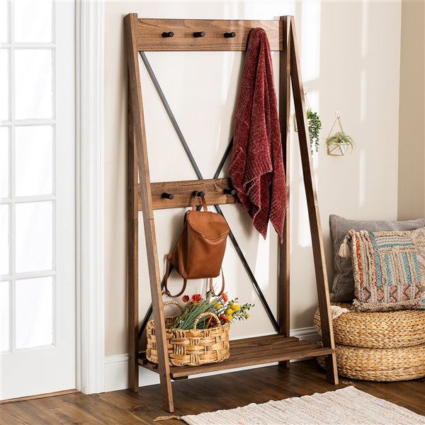 68-in Solid Wood Angled Hall Tree - Brown