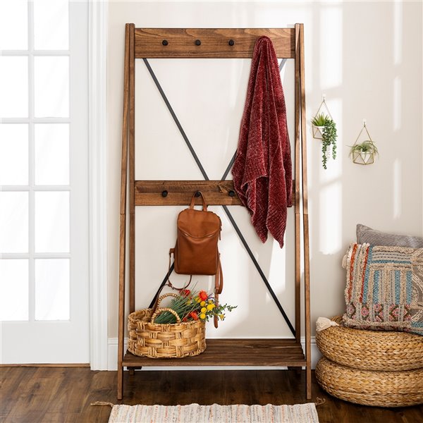 68-in Solid Wood Angled Hall Tree - Brown
