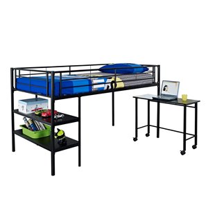 Premium Metal Twin Low Loft Bed with Desk - Black