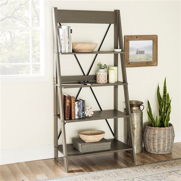 Walker Edison Solid Wood Ladder Bookshelf - 68-in- Grey