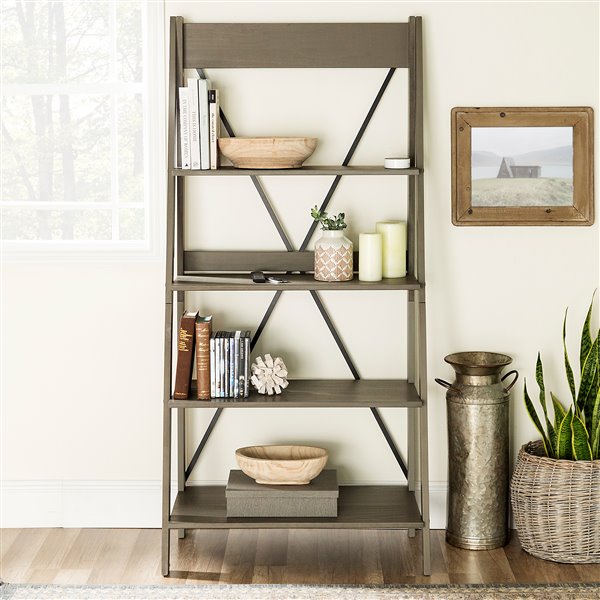 Walker Edison Solid Wood Ladder Bookshelf - 68-in- Grey