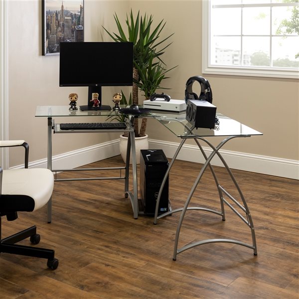 Walker Edison Silver Glass Top Corner Computer Desk Glass Designs