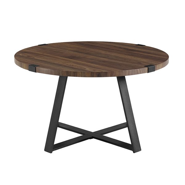 Walker Edison Rustic Wood And Metal, Dark Wooden Round Coffee Table