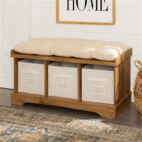 WALKER EDISON 42-in Wood Storage Bench with Totes and Cushion ...