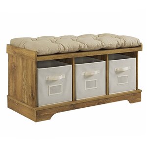 42-in Wood Storage Bench with Totes and Cushion - Barnwood
