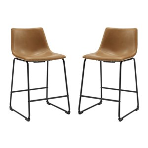 26-in Industrial Faux Leather Counter Stool, set of 2- Whiskey Brown