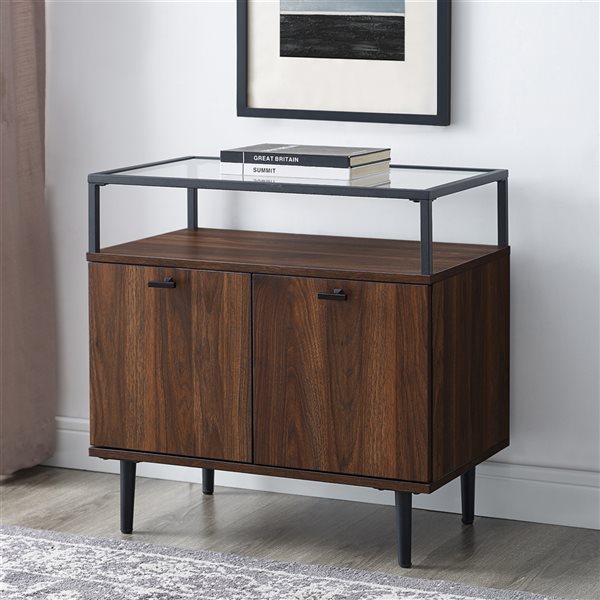 WALKER EDISON Modern Glass Top 2Door Side Table Dark Walnut