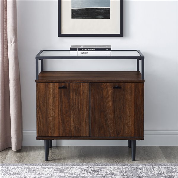 WALKER EDISON Modern Glass Top 2Door Side Table Dark Walnut