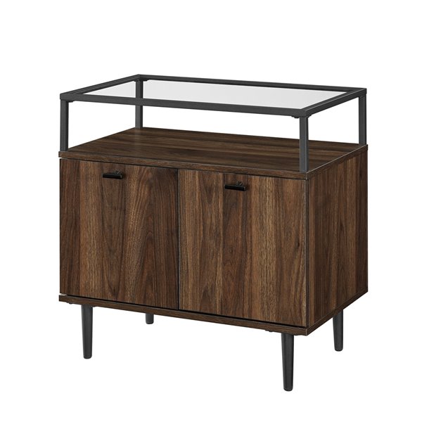 WALKER EDISON Modern Glass Top 2Door Side Table Dark Walnut