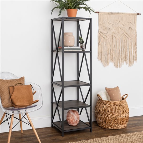 Walker Edison Metal Wood Bookcase - 61-in - Slate Grey