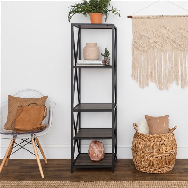 Walker Edison Metal Wood Bookcase - 61-in - Slate Grey