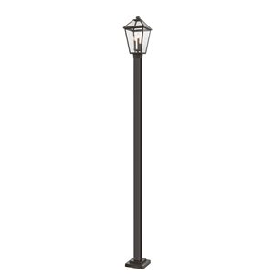 Luminaire à 3 ampoules d'extérieur Talbot de Z-Lite monté sur poteau, 10 po x 114 po, bronze frotté/verre texturé