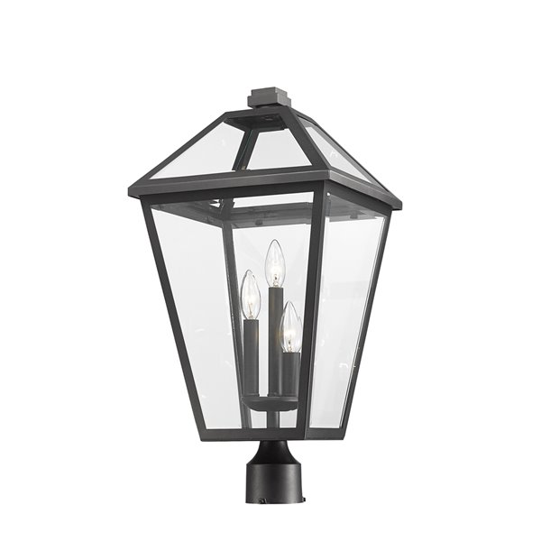 Luminaire d'extérieur montable sur poteau Talbot de Z-Lite à 3 ampoules, 12,25 po x 24,25 po, noir/verre clair
