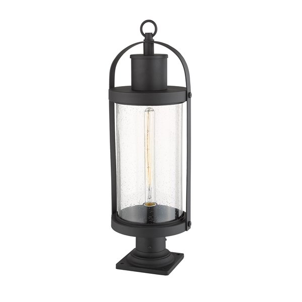 Z-Lite Roundhouse 1 Light Outdoor Pier Mountable Fixture - Square Base - 9.25-in x 27-in - Black/Seedy Glass