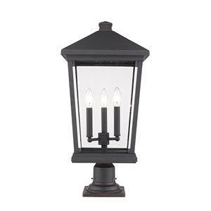 Luminaire d'extérieur montable sur colonne Beacon de Z-Lite à 3 ampoules, 12 po x 25,5 po, bronze frotté/verre clair