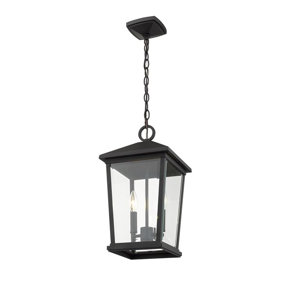 Plafonnier extérieur à 2 lumières Beacon de Z-Lite à montage sur chaîne, 9,5 po x 17,5 po, noir/verre clair