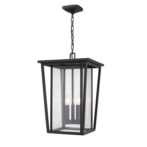 Z-Lite Seoul 3 Light Outdoor Chain Mount Ceiling Fixture - 14-in x 21.25-in - Rubbed Bronze/Clear Glass