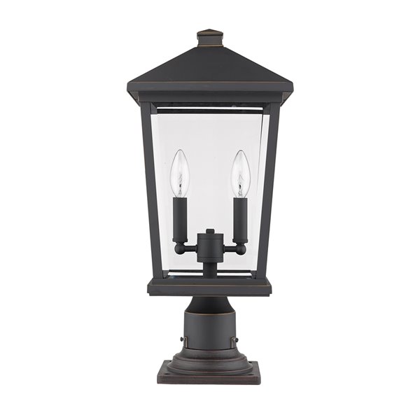 Luminaire d'extérieur montable sur colonne Beacon de Z-Lite à 2 ampoules, 9,5 po x 21,5 po, bronze frotté/verre clair
