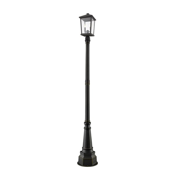 Luminaire à 2 ampoules d'extérieur Beacon de Z-Lite monté sur poteau, 14,25 po x 91,25 po, bronze frotté/verre clair