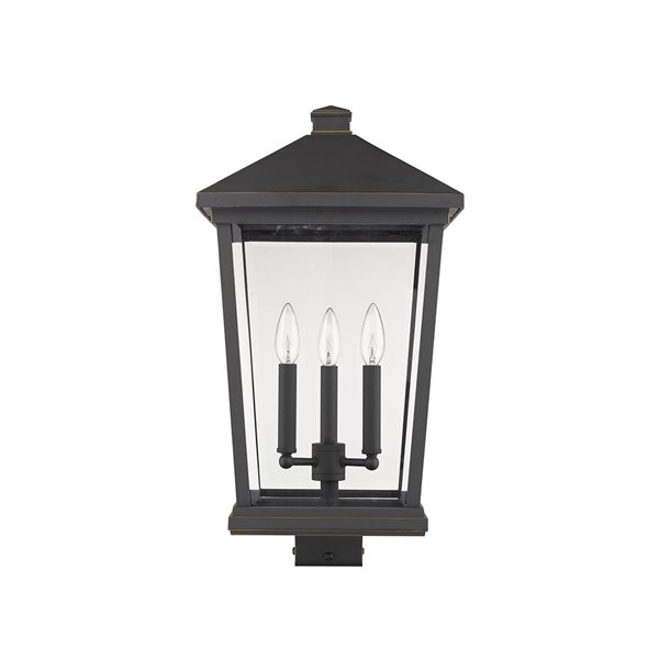 Luminaire d'extérieur montable sur poteau Beacon de Z-Lite à 3 ampoules, 12 po x 22,25 po, bronze frotté/verre clair