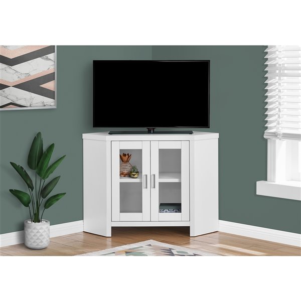 Monarch Corner TV Stand with 2-Shelve - White and Glass Doors - 42-in