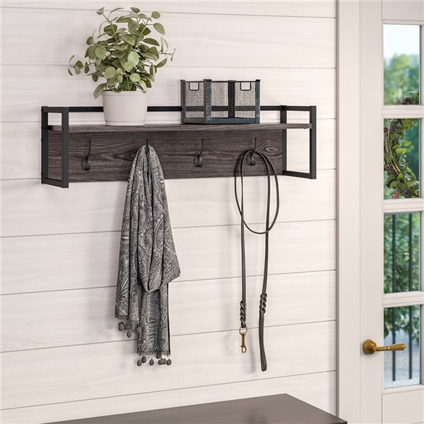 RiverRidge Home Afton 4-Hook Metal Frame Wall Shelf - 7.88-in x 31.63-in x 8.88-in - Dark Weathered Wood Grain