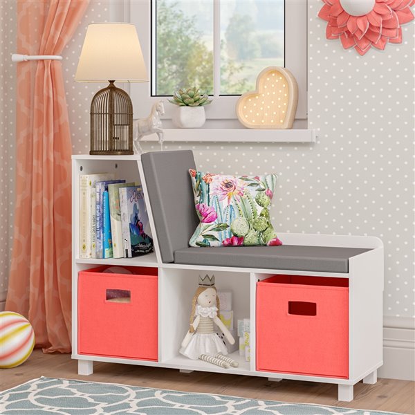 RiverRidge Home Book Nook Kids Storage Bench with Cubbies - 12.38-in x 35-in x 26.5-in - White/Coral Bins