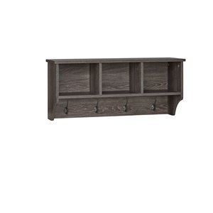 RiverRidge Home Woodbury Wall Shelf with Cubbies and Hooks - 9.38-in x 31.63-in x 14-in -Dark Weathered Wood Grain