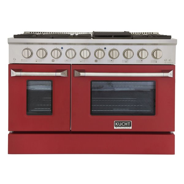 Cuisinière au gaz naturel avec 8 brûleurs et four à convection, rouge et acier inoxydable, 48 po