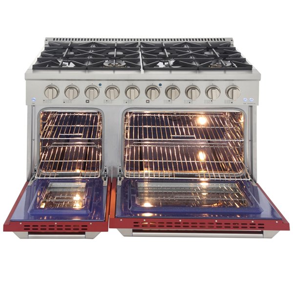 Cuisinière au gaz naturel avec 8 brûleurs et four à convection, rouge et acier inoxydable, 48 po