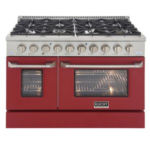 Cuisinière au gaz naturel avec 8 brûleurs et four à convection, rouge et acier inoxydable, 48 po