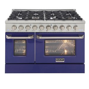 Cuisinière au gaz naturel avec 8 brûleurs et four à convection, bleu et acier inoxydable, 48 po