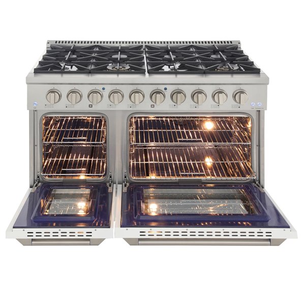 Cuisinière au gaz naturel avec 8 brûleurs et four à convection, blanche et acier inoxydable, 48 po